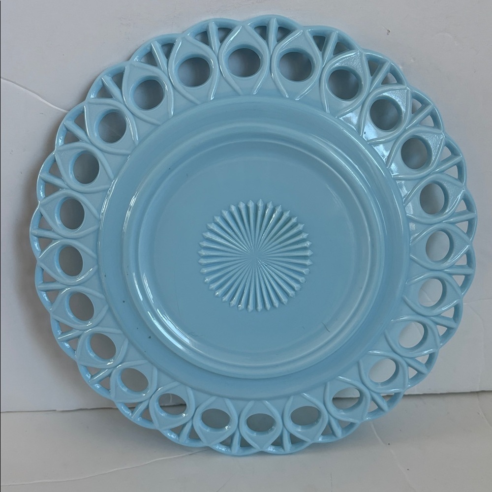 Challinor & Taylor blue milk glass slag glass 8” and 10” scroll and eye plates - Picture 2 of 14